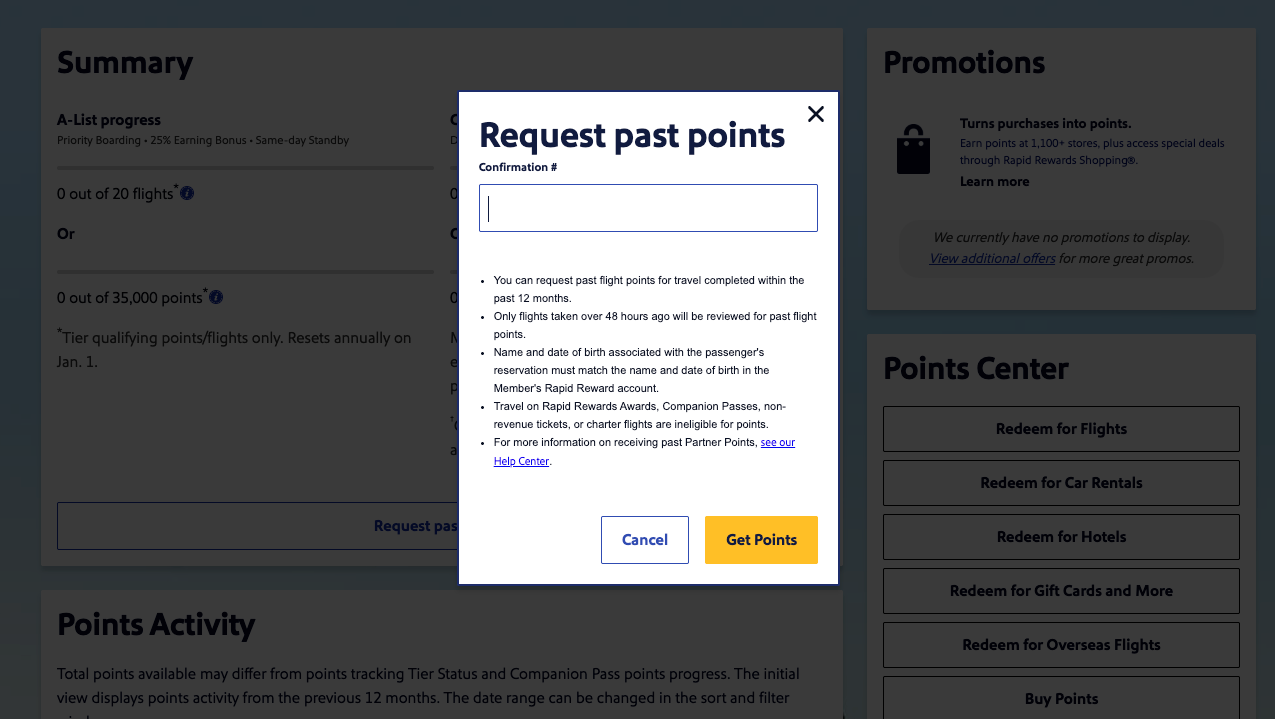 Southwest request past points