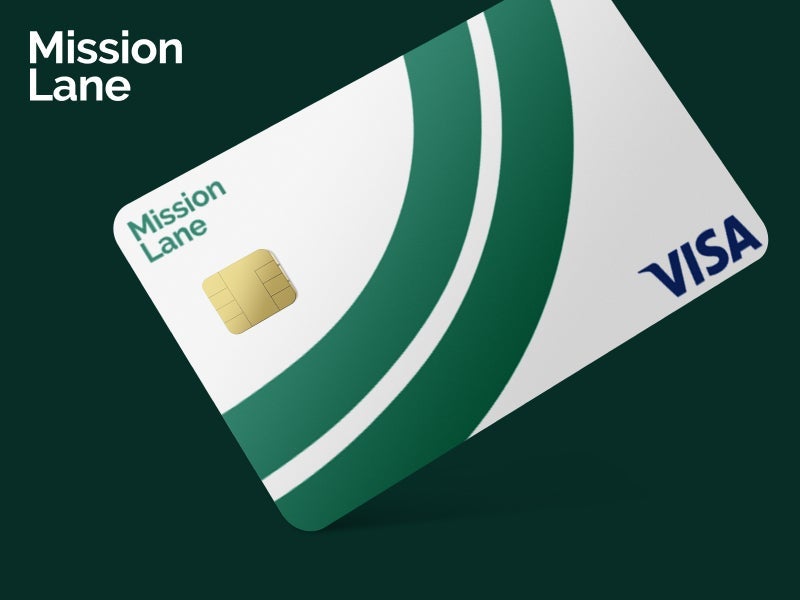A photo of the green and white Mission Lane Visa Credit Card.