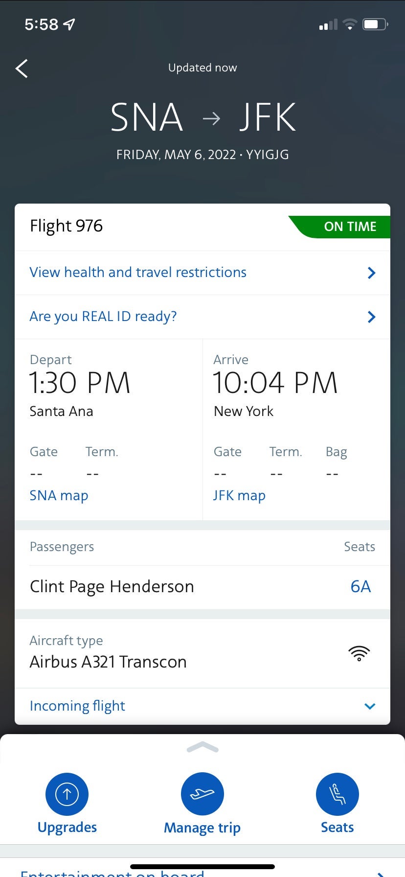 Upgraded on American Airlines from Santa Ana to New York. AMERICAN AIRLINES