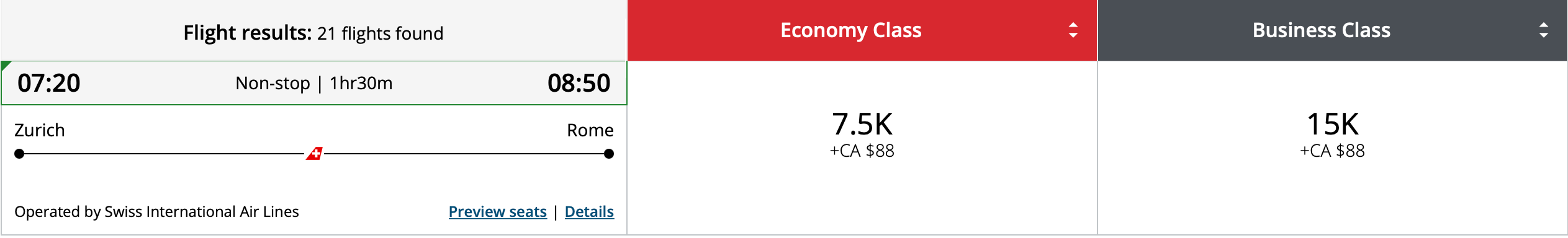 Zurich to Rome Aeroplan award itinerary