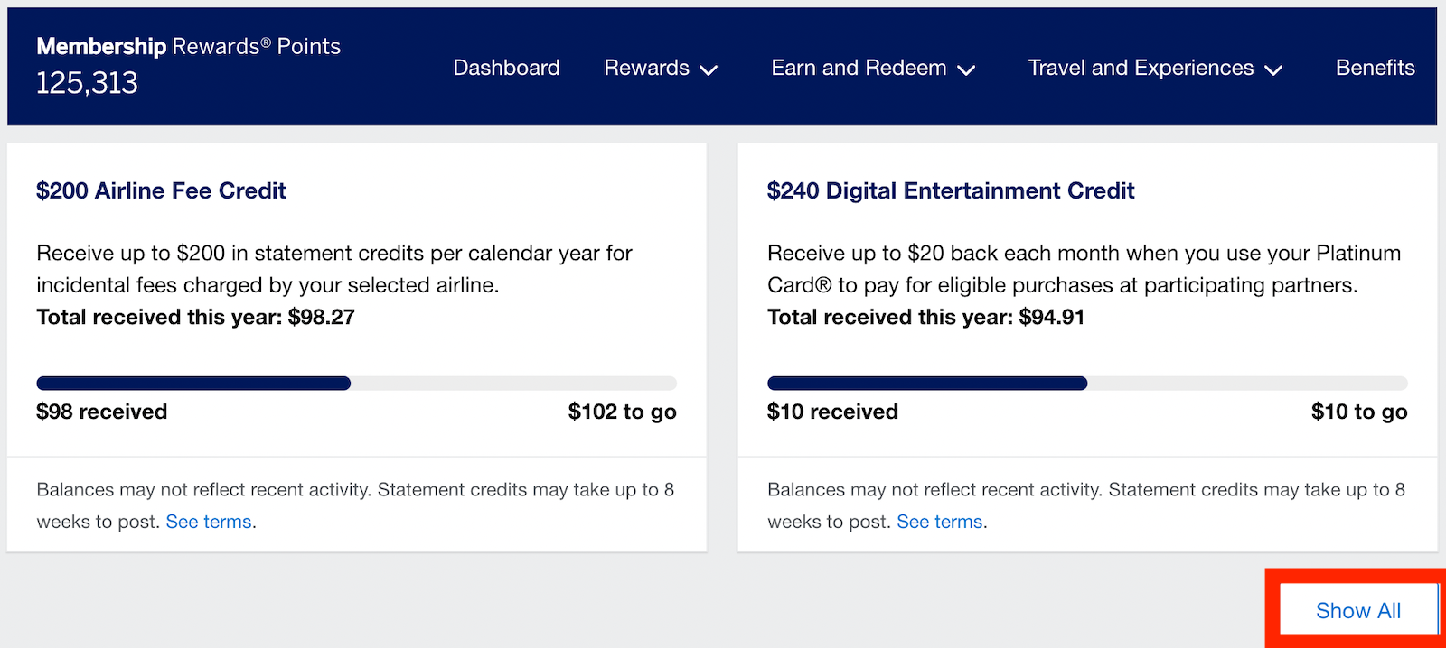 a snapshot of benefits on the Amex Platinum Card; a red box indicates how to see all benefits