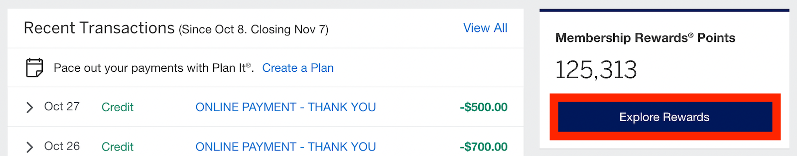 a red box indicates where to find your points earning on the Amex website