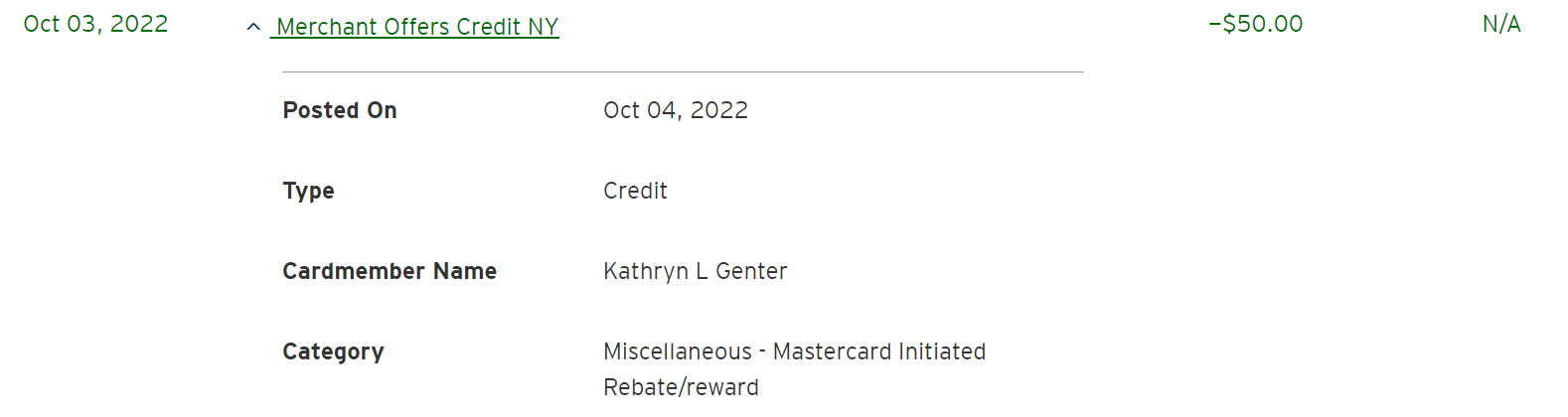 Citi Merchant Offer posted to account