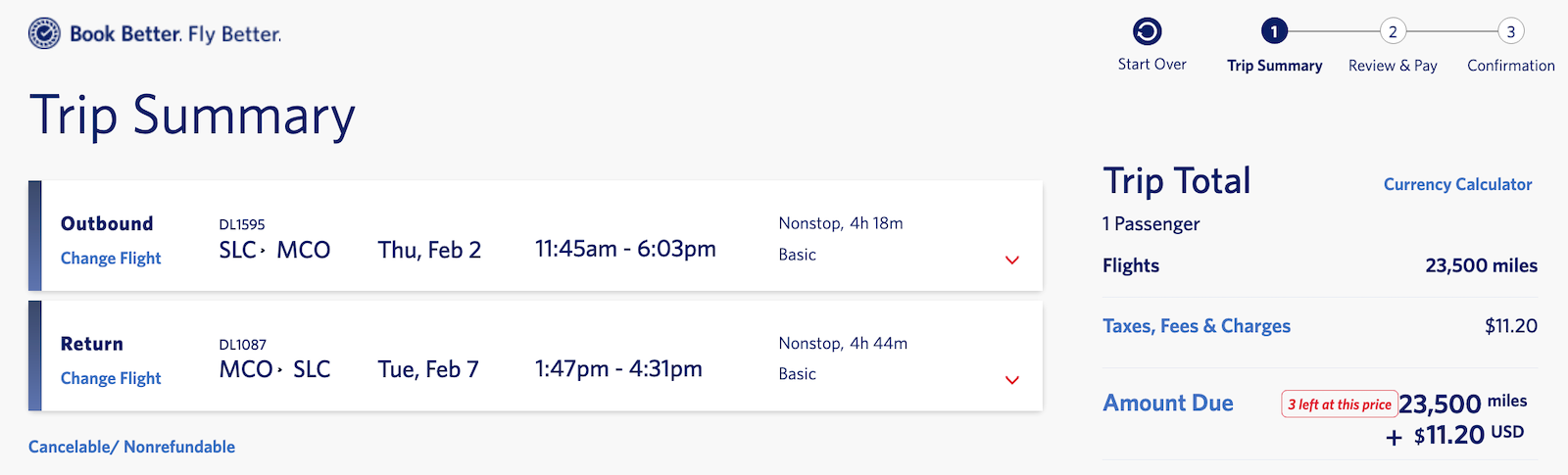 Award flight pricing on Delta's website