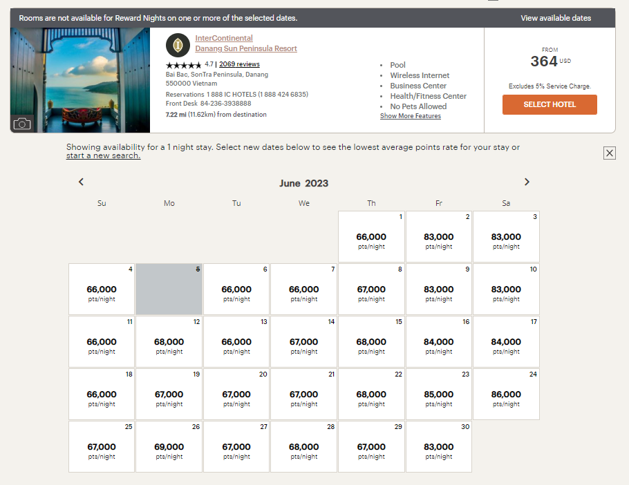 Award night pricing at the Intercontinental Danang