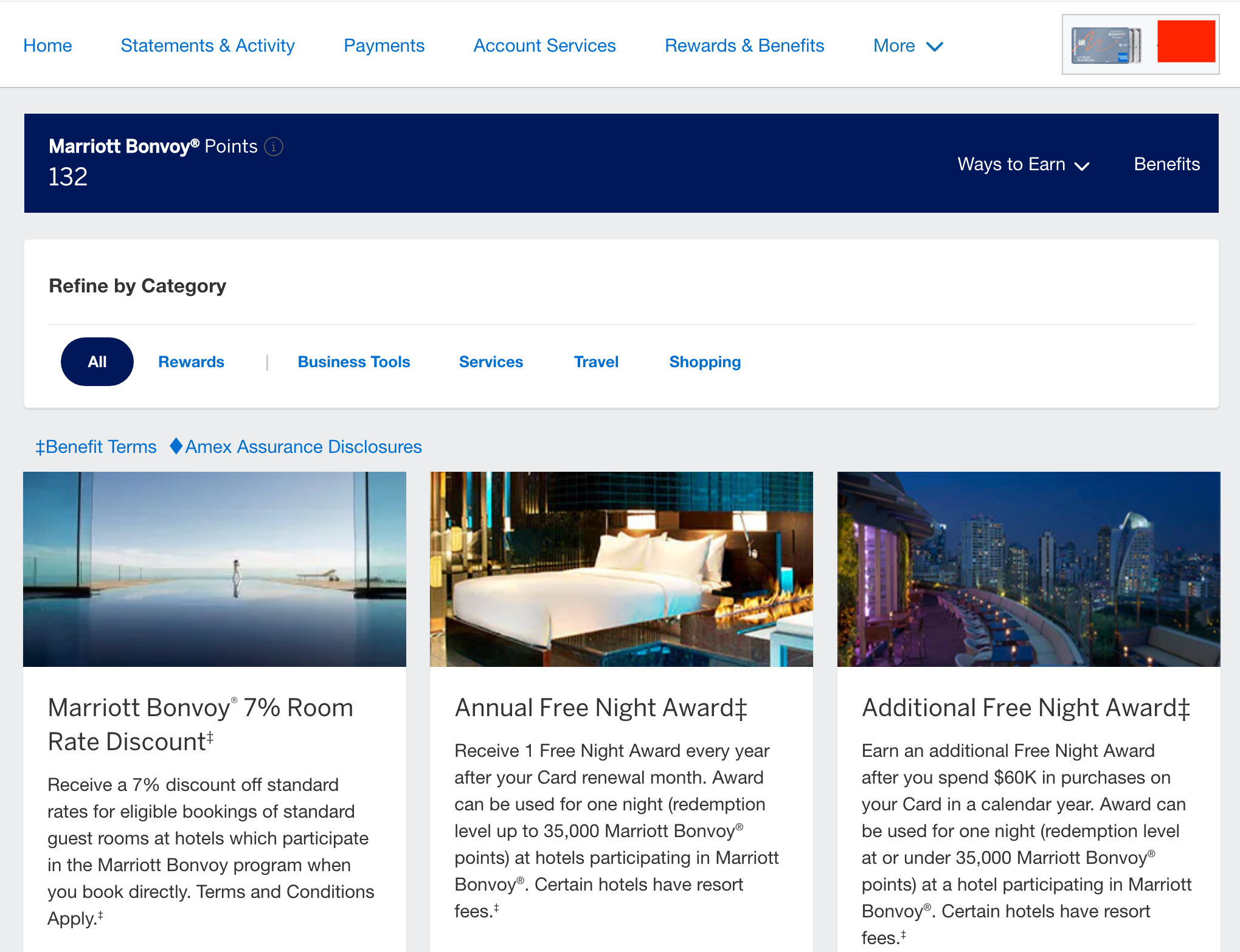 benefits section for an American Express credit card within the Amex website