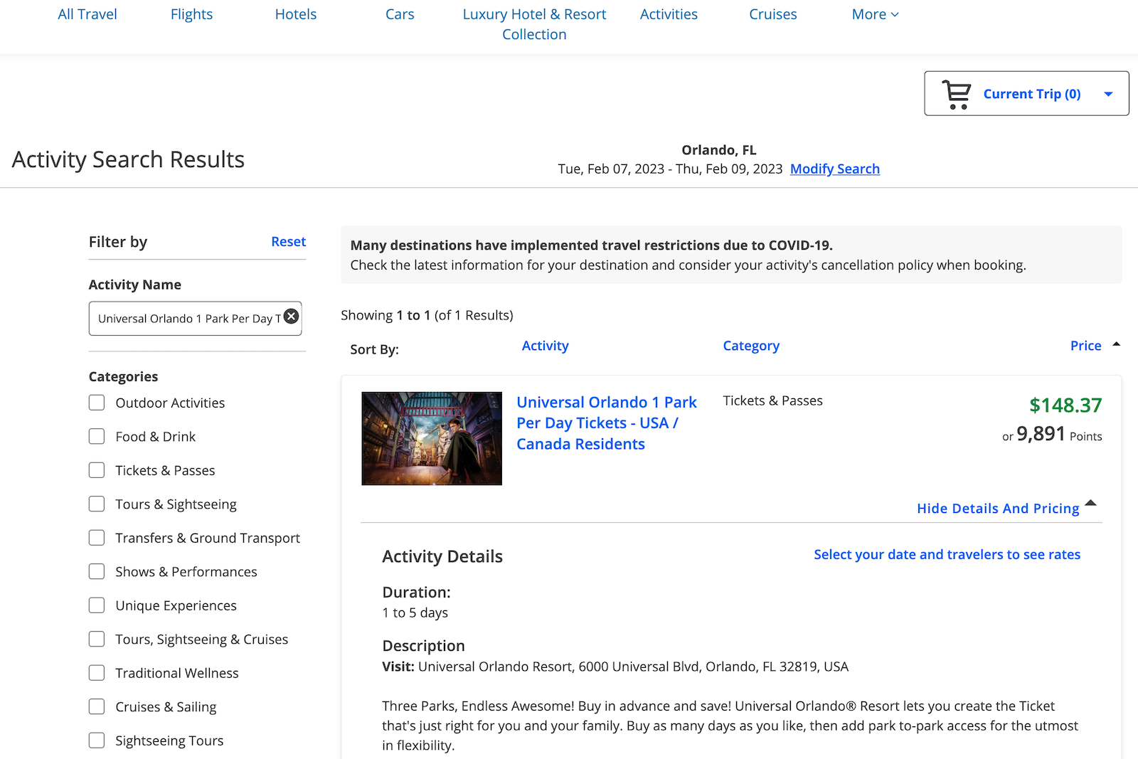 search results from travel portal