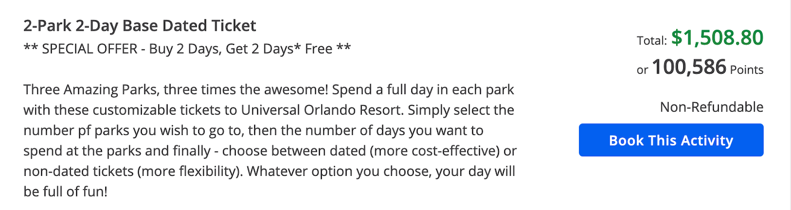 pricing details using points to pay for theme park tickets