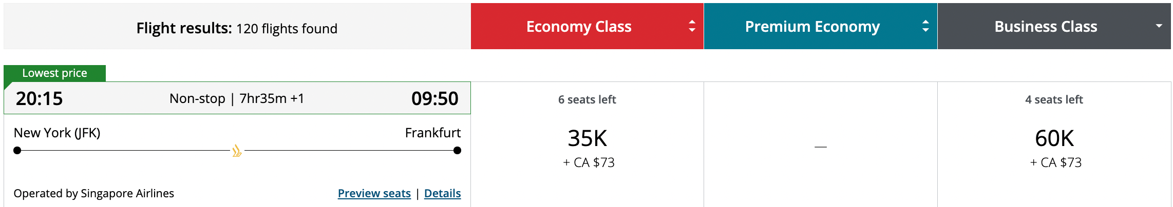 Aeroplan JFK to FRA SQ