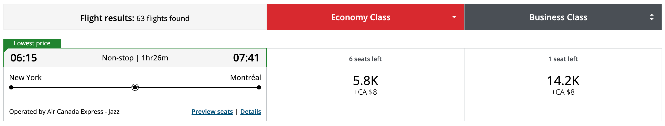 Air Canada award from LGA to YUL