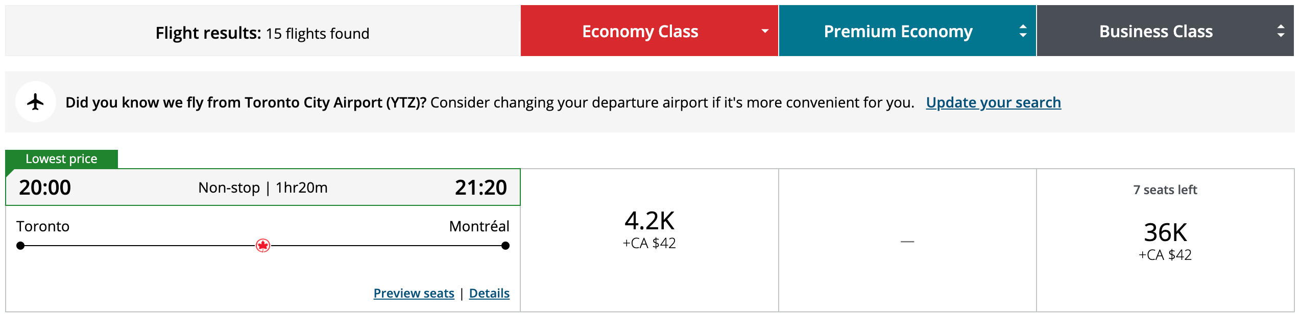 Air Canada award from YYZ to YUL