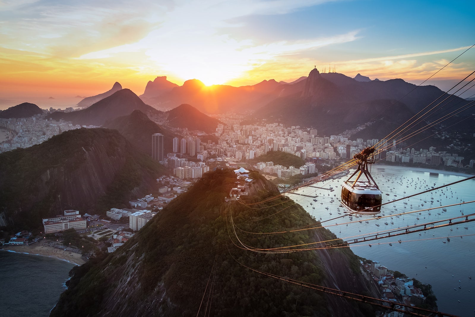 Aerial view of Rio de Janeiro at sunset with Urca and Sugar Loaf