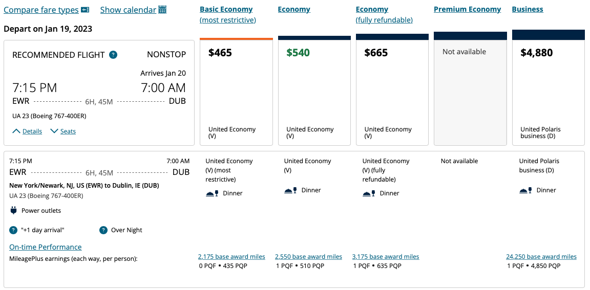 One-way EWR to DUB listing with PQP earnings on the United website