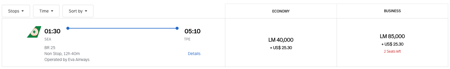 SEA to TPE LifeMiles award