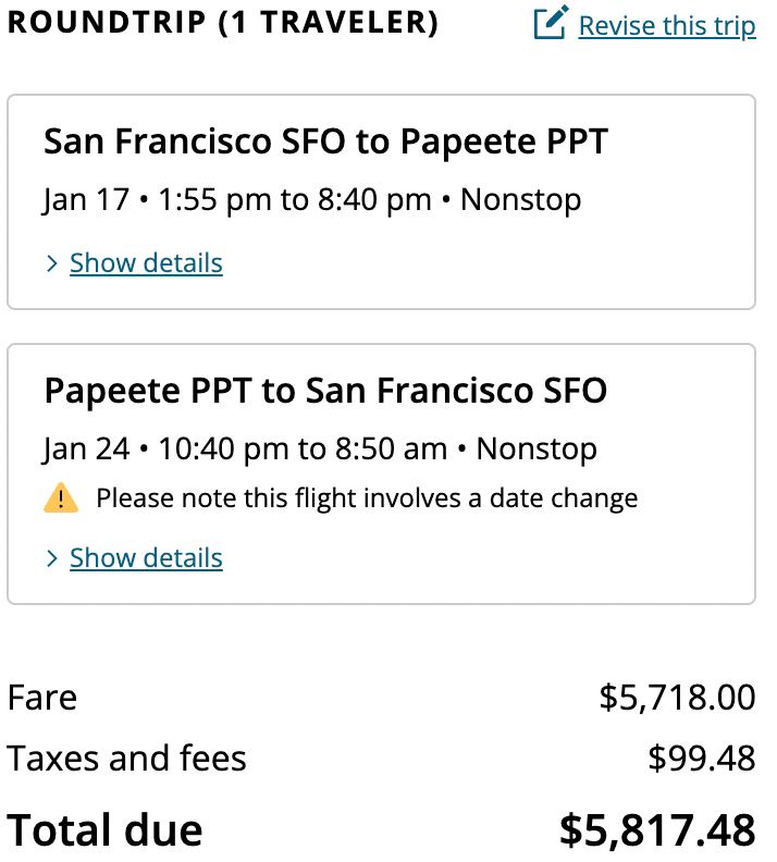 SFO-PPT cash fare