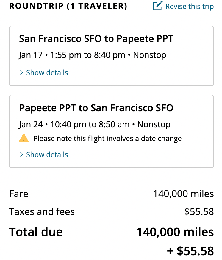 SFO-PPT on United miles