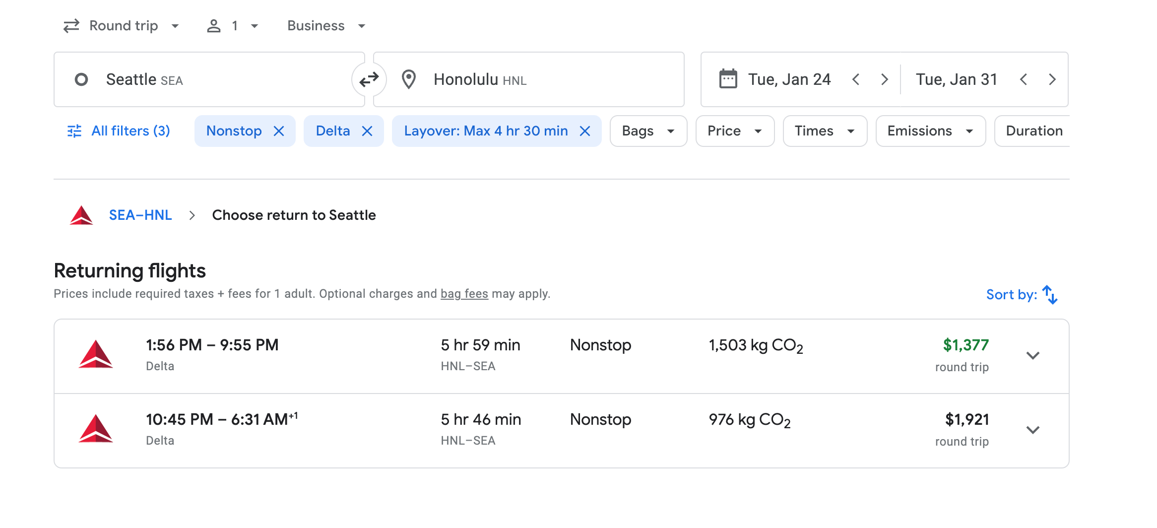 seattle to honolulu