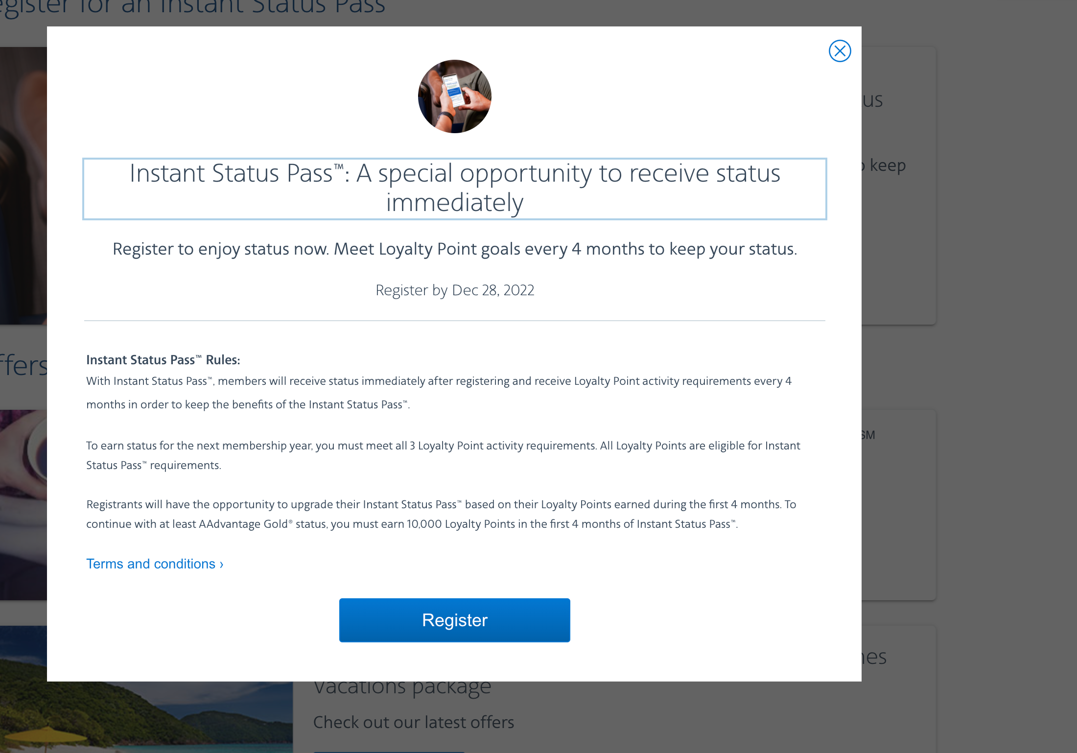 Signing up screenshots from the American Airlines Instant Status Pass challenge