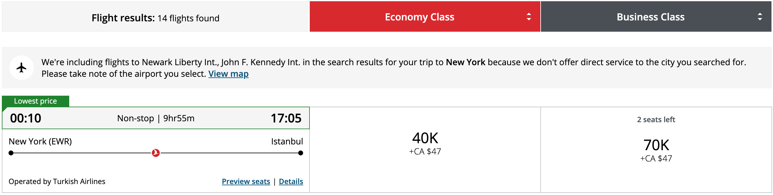 Turkish Airlines award on the Air Canada website