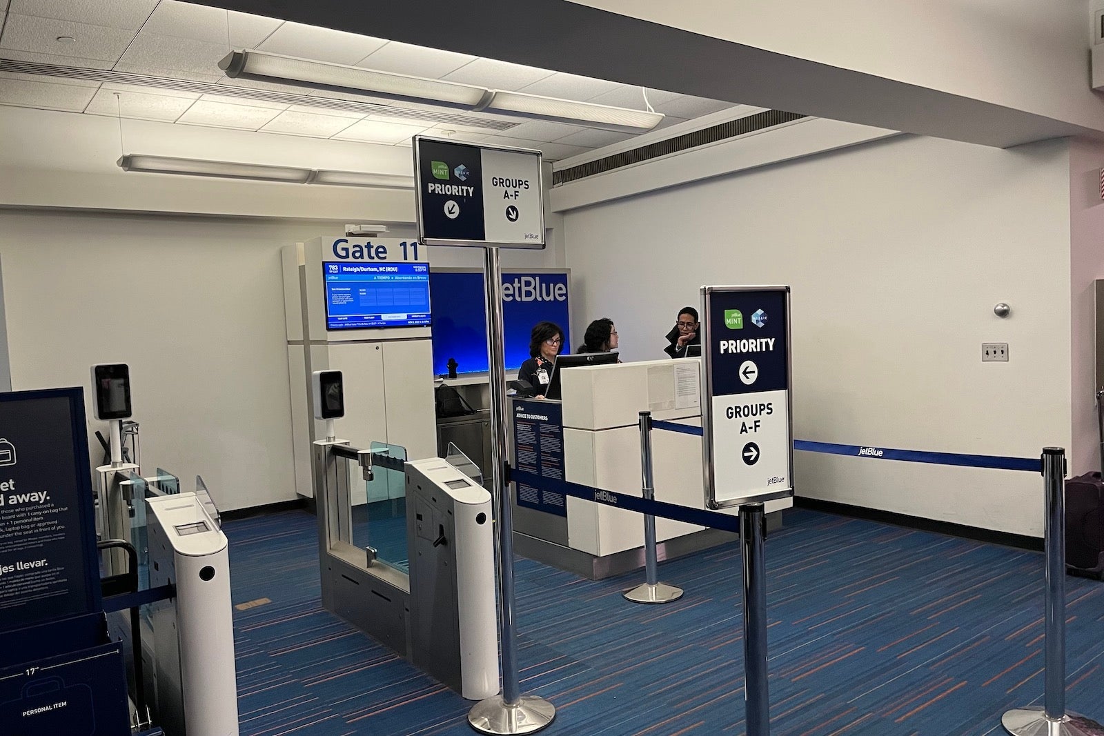 JetBlue boarding area, with priority lane and groups A-F lane