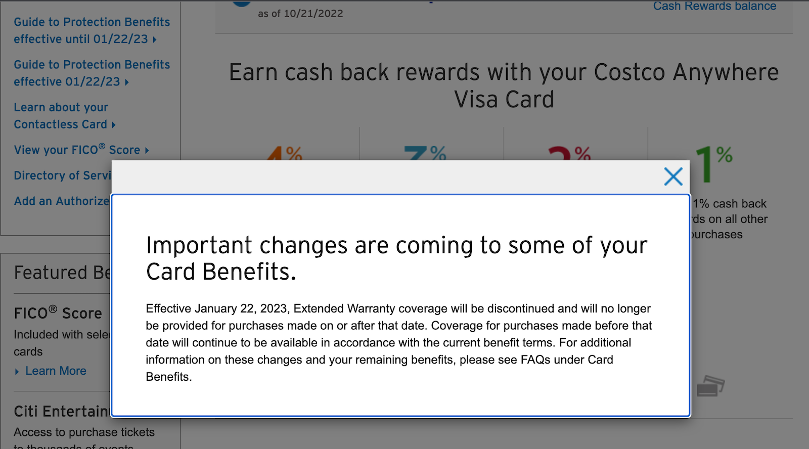a pop-up window on Citi's benefits page notifies customers about impending changes