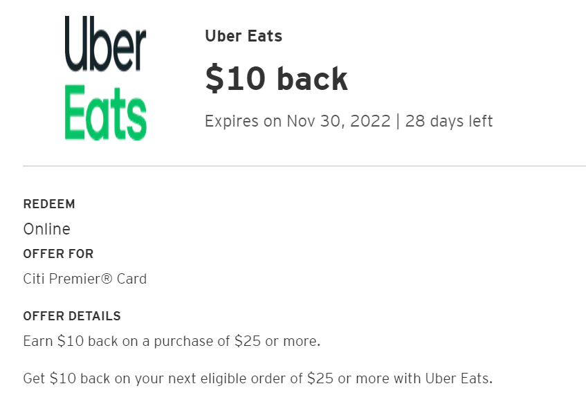 Citi Merchant Offer for Uber Eats