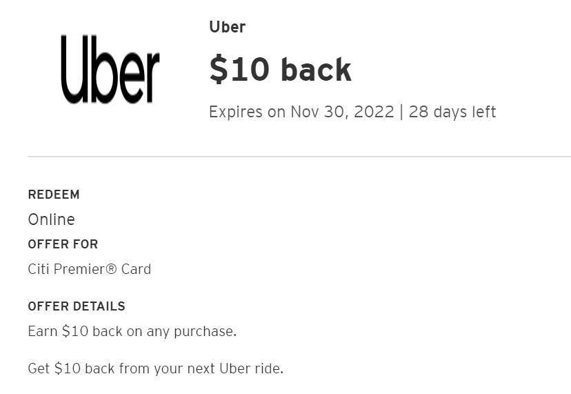 Citi Merchant Offer for Uber