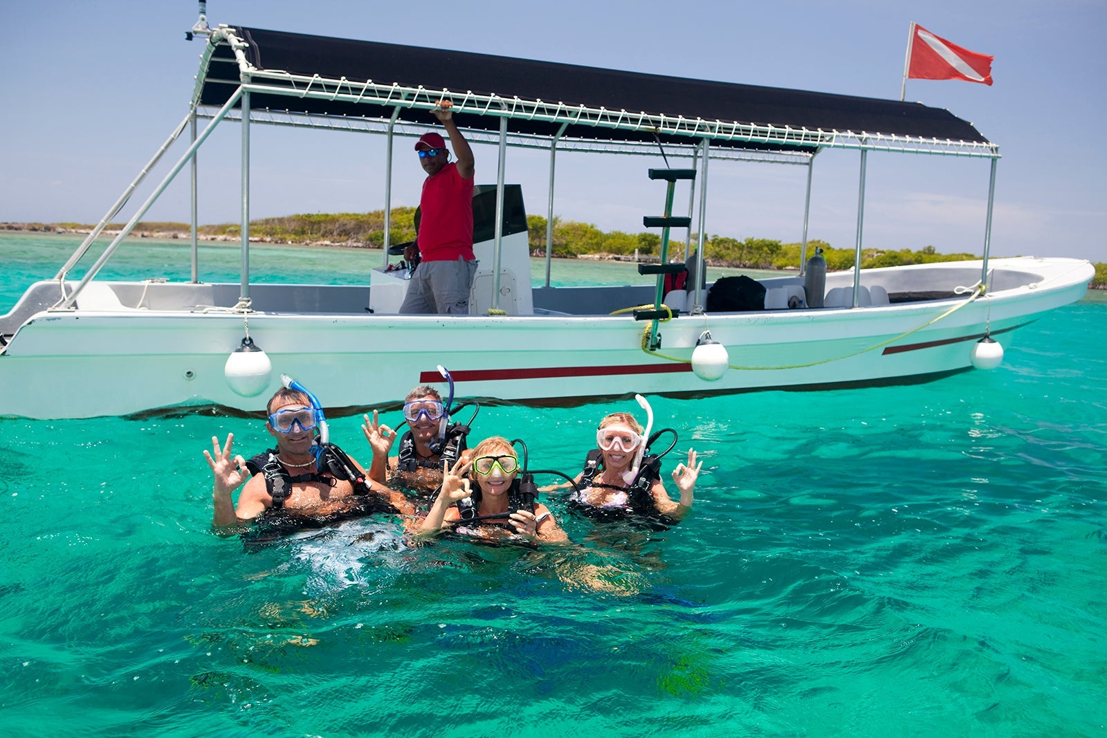 Divers on water surface signaling OK sign
