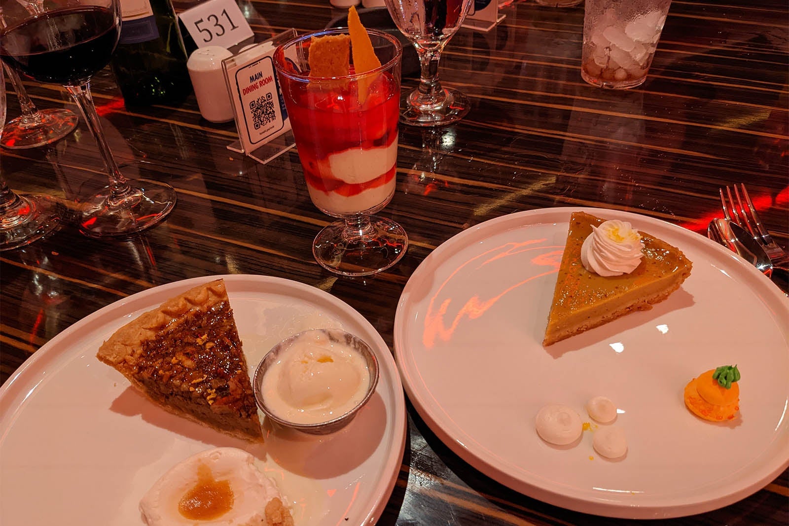 Thanksgiving dessert on a cruise -- pecan pie, pumpkin pie, trifle