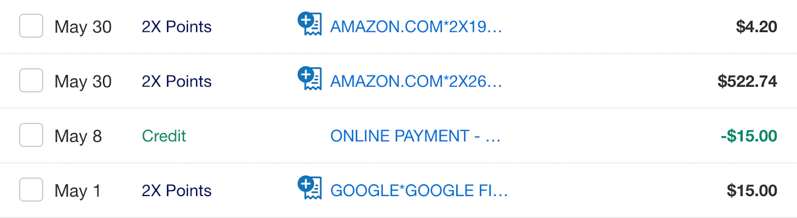 transaction list from a credit card bill