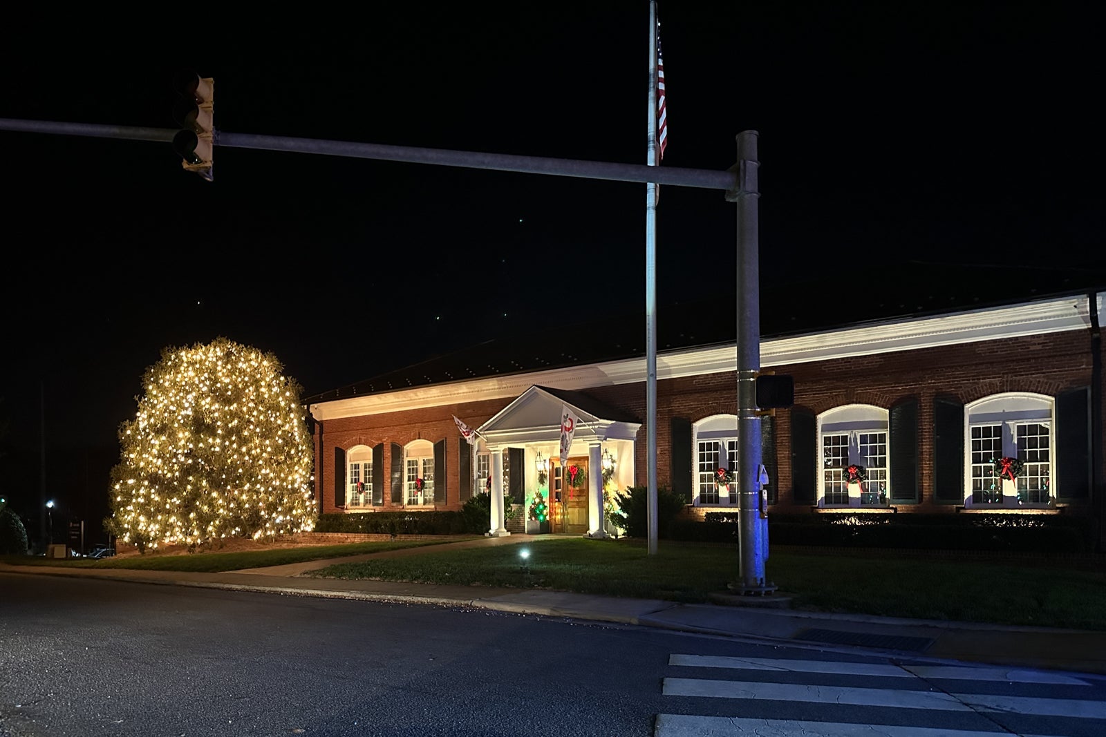 Christmas lights on a small-town library