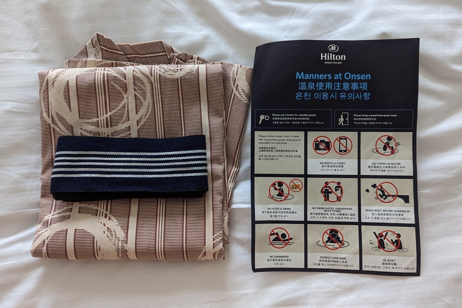 Onsen robes and manners sheet at the Hilton Niseko Village in Japan