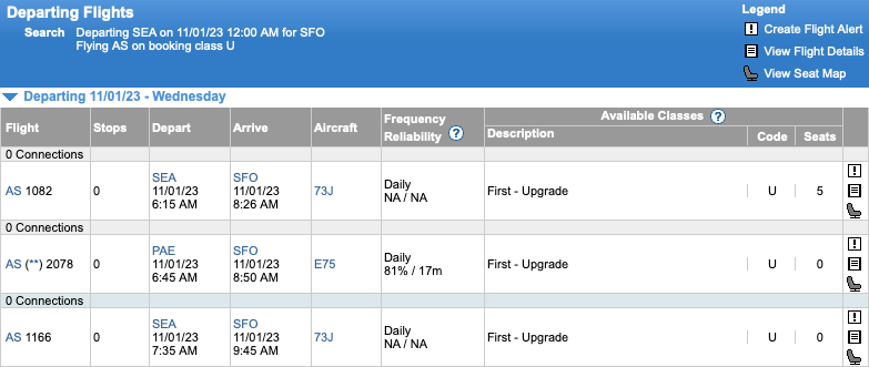 Alaska Airlines upgrade space from Seattle to San Francisco