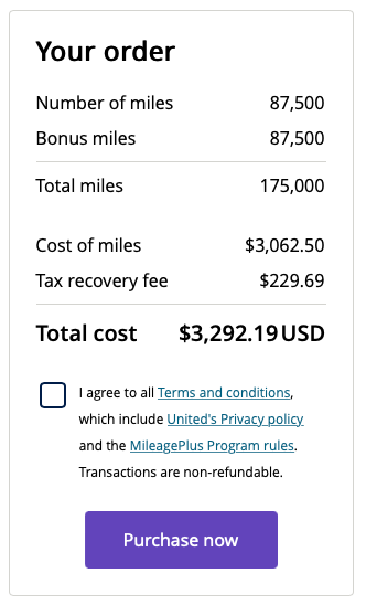 Buying United miles with a 100% bonus