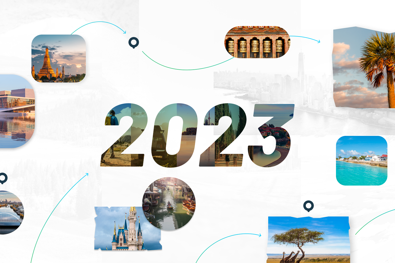 2023 with images of destinations around it