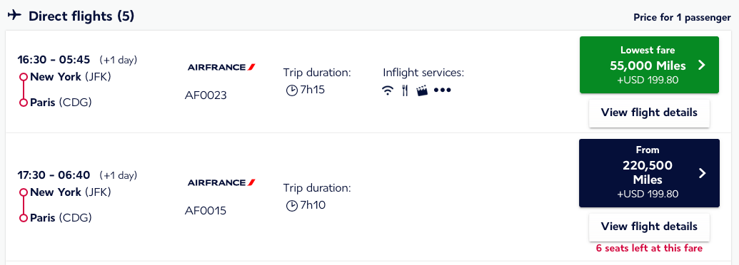 Flying Blue award pricing JFK to CDG