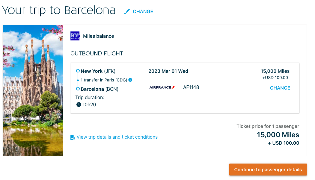 Flying Blue award ticket on the KLM website