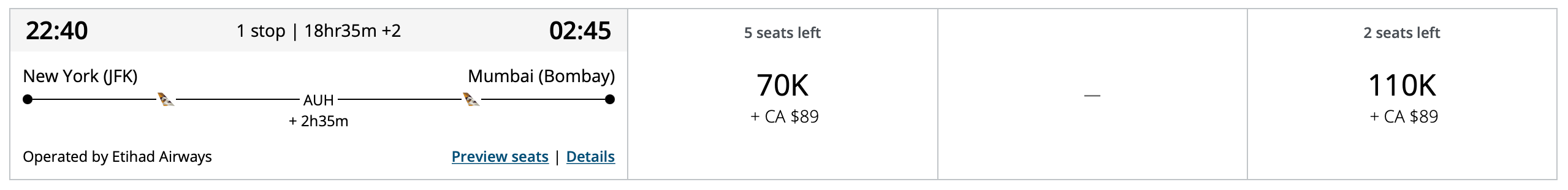 JFK to BOM Etihad award ticket on Air Canada website