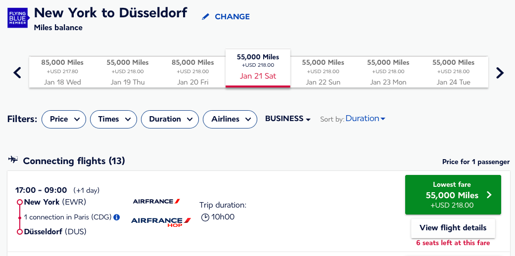 JFK to DUS Flying Blue award ticket