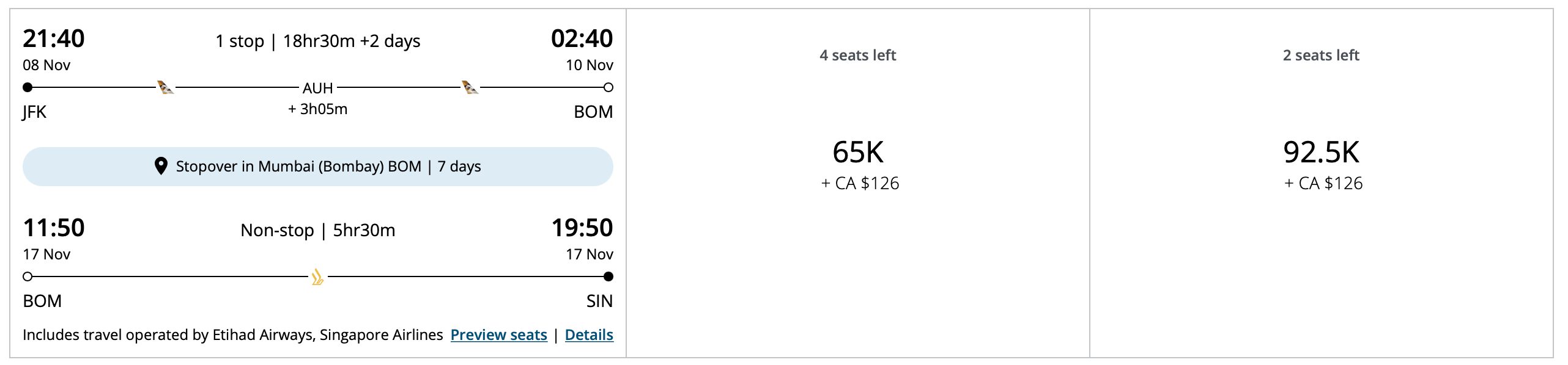 JFK to SIN with a stopover in BOM Air Canada award