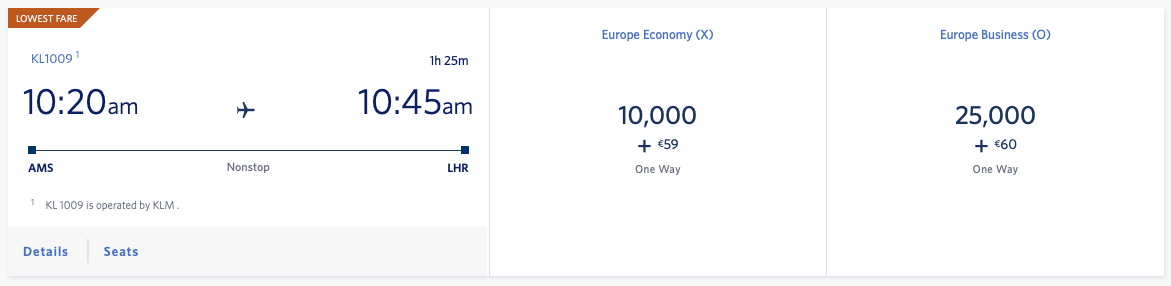KLM award flight on Delta's website