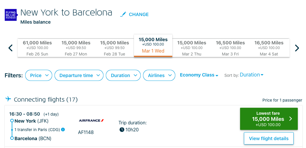 KLM award search result