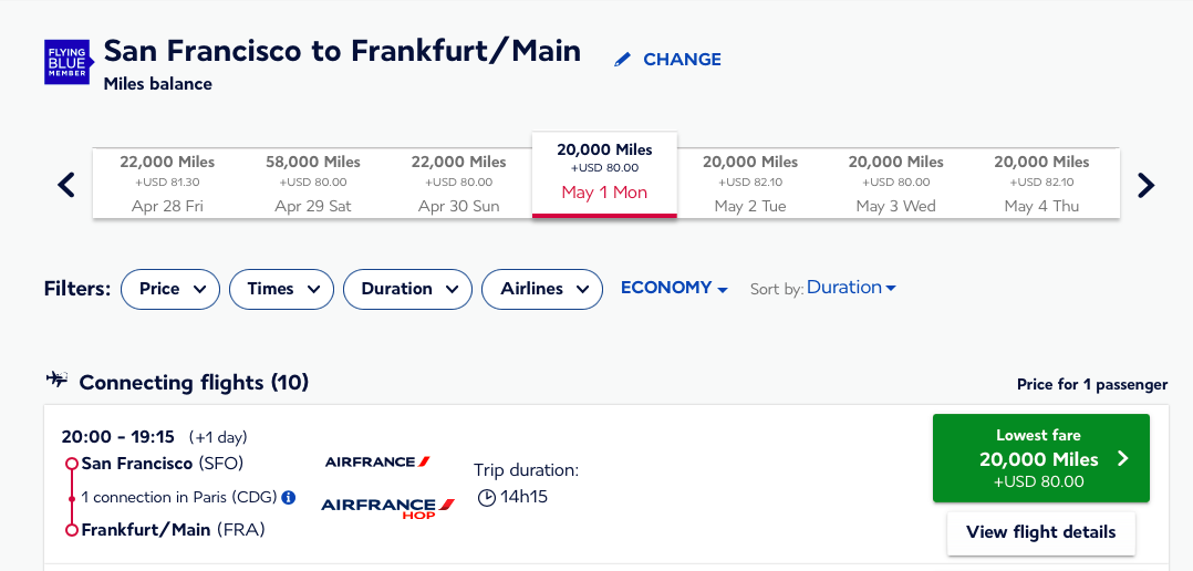 SFO to FRA Flying Blue award ticket