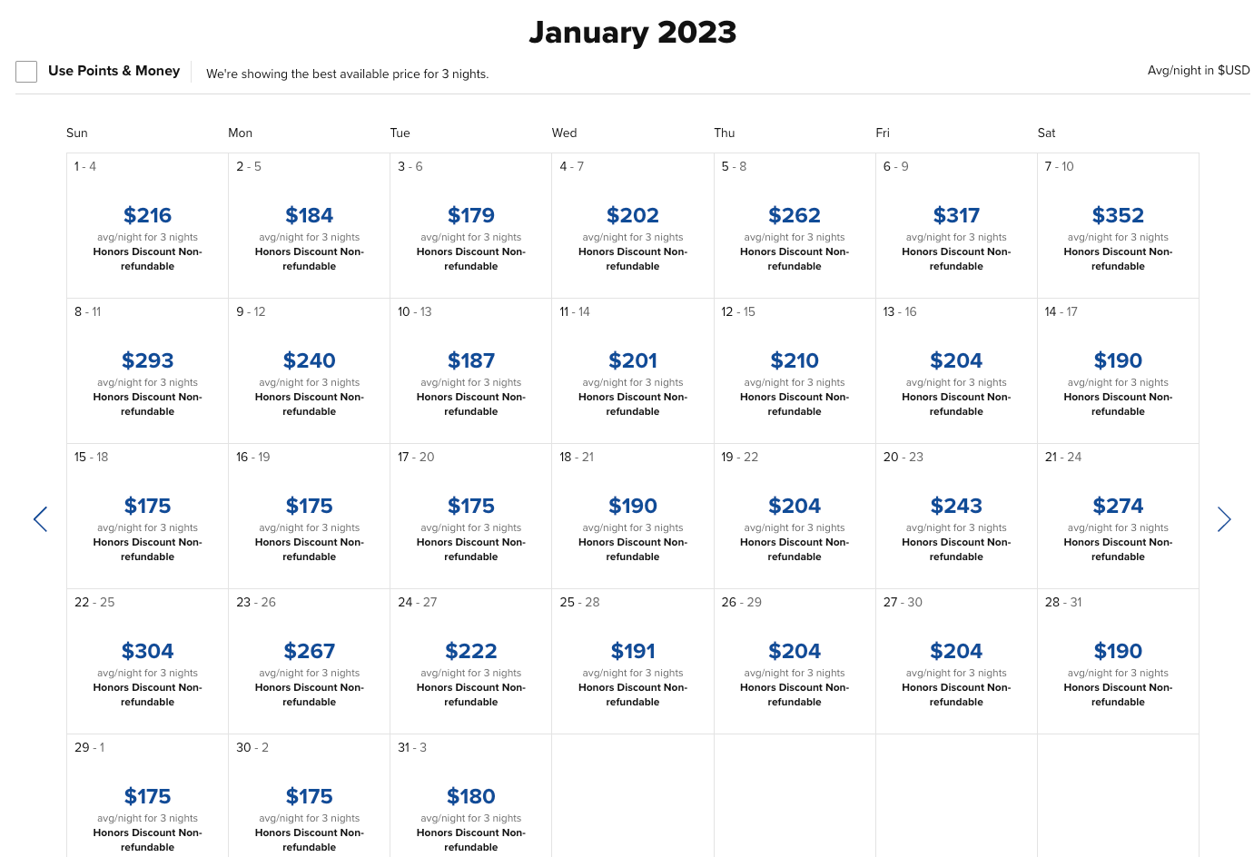 hotel room rate calendar