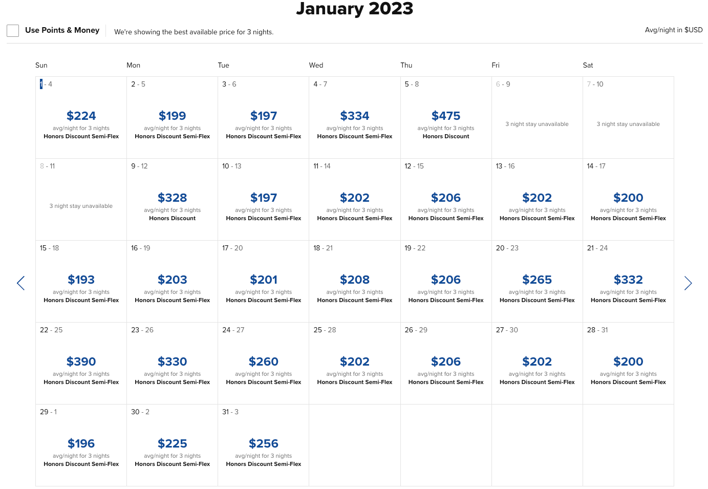 hotel room rate calendar