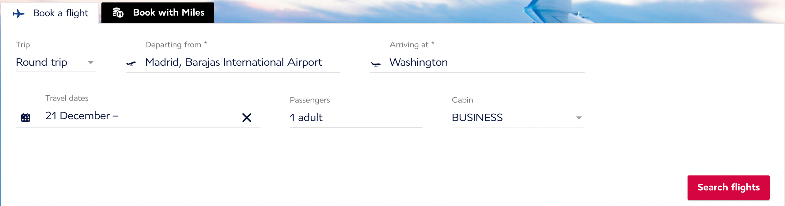 Searching for a flight from MAD to IAD