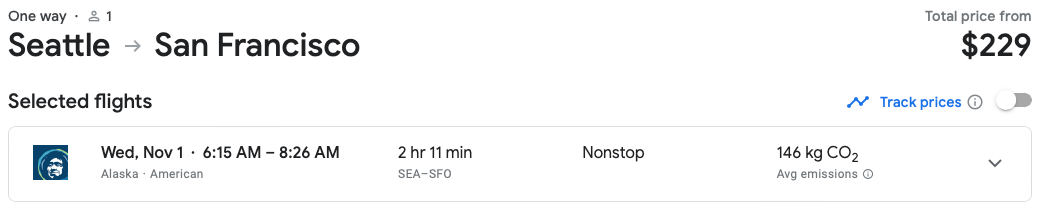Seattle to San Francisco flight in Google Flights