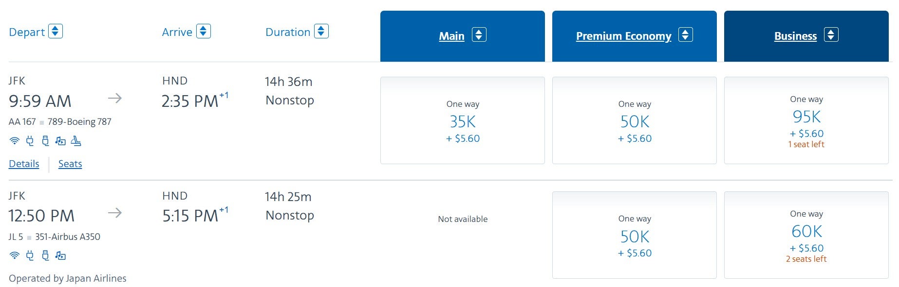 AA award flight options to Japan