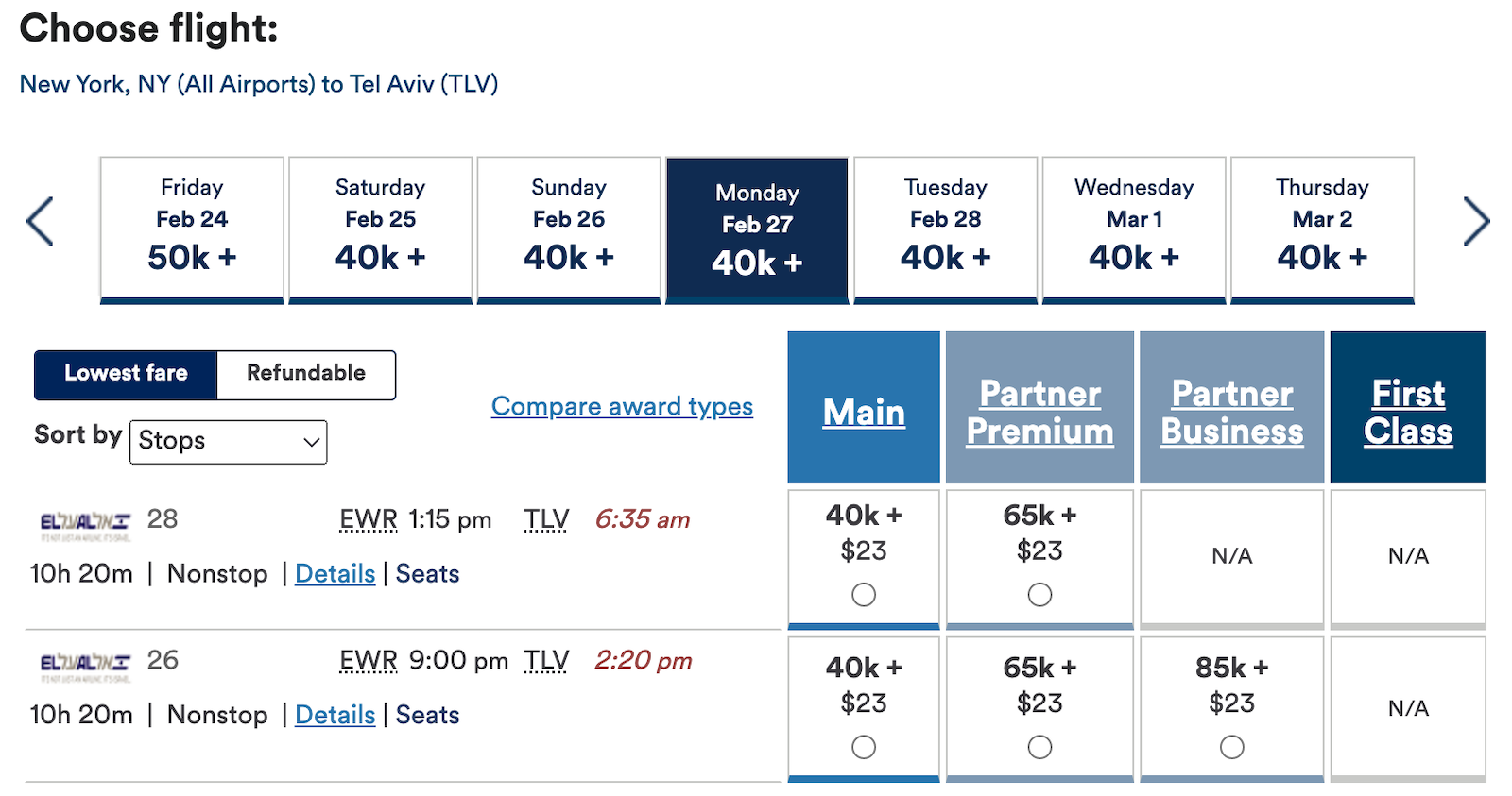 Award redemption rates options