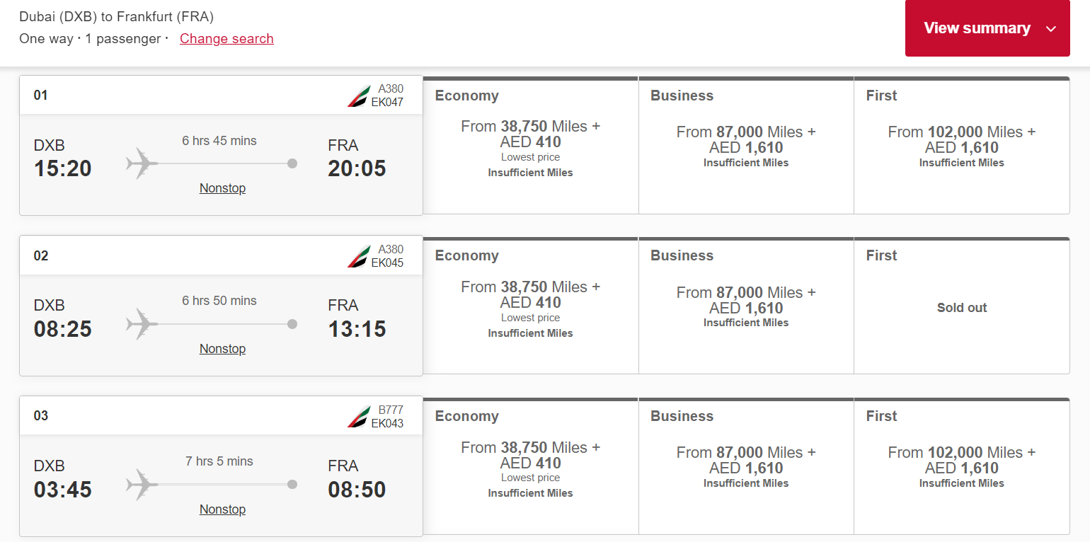 Emirates award rates